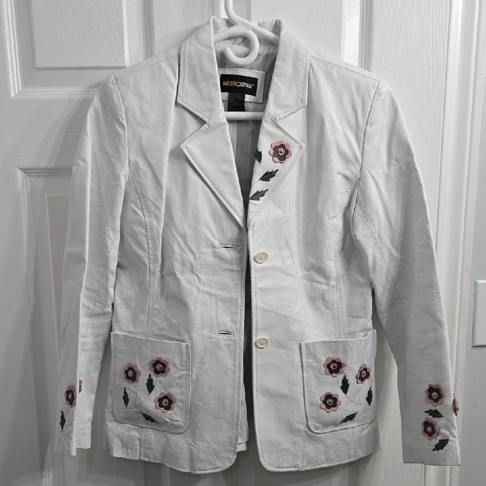 White and Pink Leather Blazer Preppy Classical Minimalist Luxury